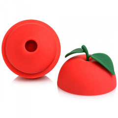 Bottom and side view of red silicone Forbidden Apple showing suction opening port