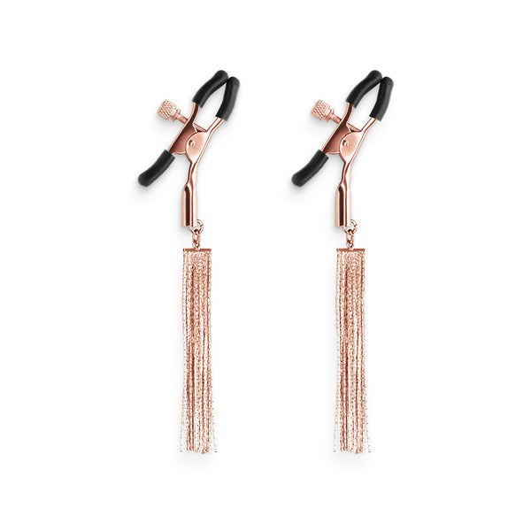 Bound D2 rose gold nipple clamps with adjustable screw tension and long metallic tassels