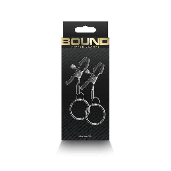 Bound Nipple Clamps C2 in black and gold retail packaging by NS Novelties, front view