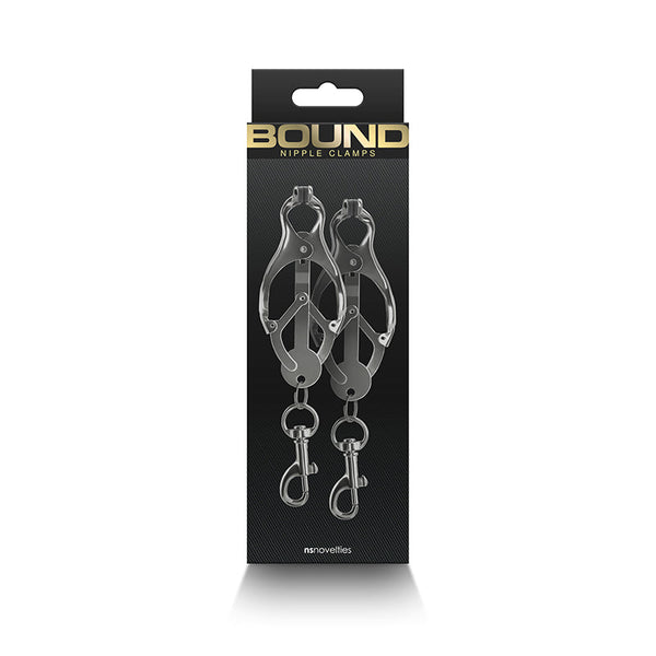 Bound Nipple Clamps C3 in black retail packaging by NS Novelties, front view