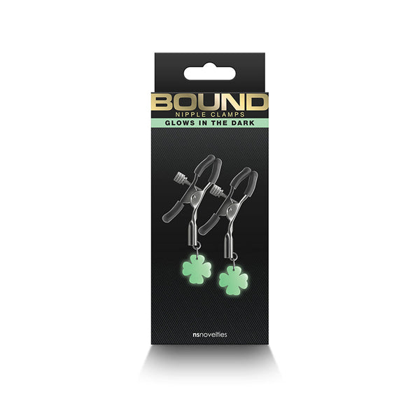 Bound Nipple Clamps G4 in dark retail packaging labeled Glows in the Dark by NS Novelties