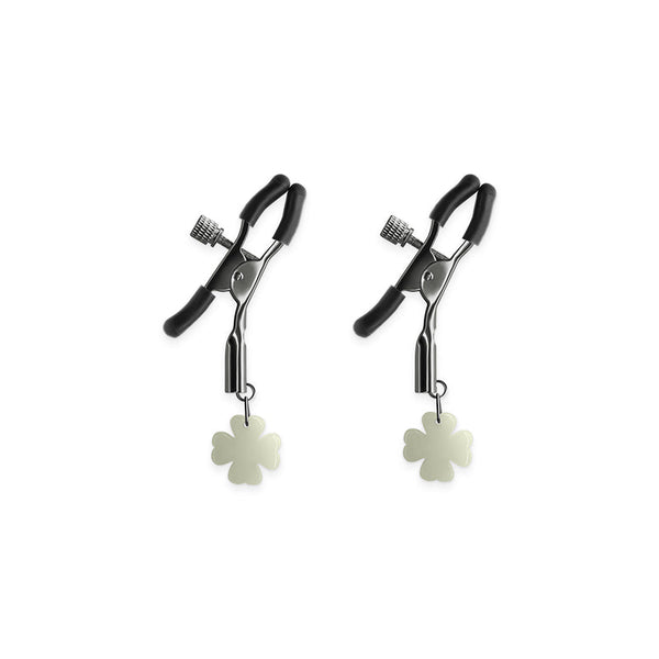 Bound Nipple Clamps G4 pair with gunmetal finish and glow-in-the-dark four-leaf clover charms