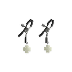 Bound Nipple Clamps G4 pair with gunmetal finish and glow-in-the-dark four-leaf clover charms