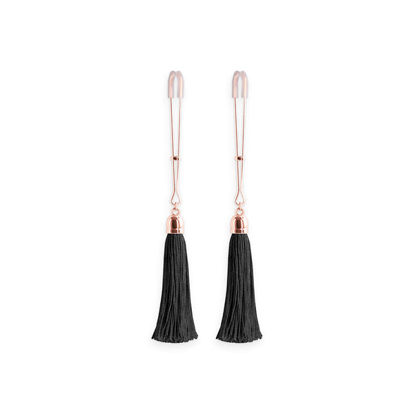 Bound Nipple Clamps T1 with rose gold adjustable tweezer tips and long black silk tassels