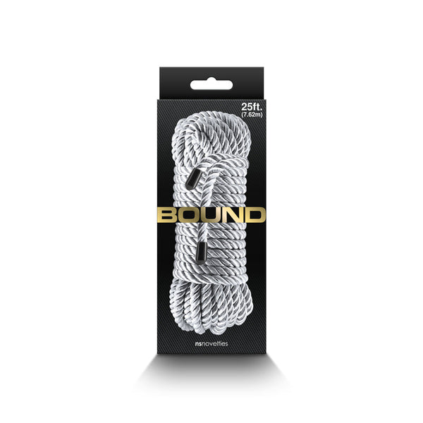 Bound rope by NS Novelties in black display packaging showing 25ft silver twisted rope