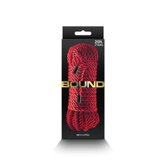 Bound rope by NS Novelties in retail packaging showing 25 ft red silky twisted cord