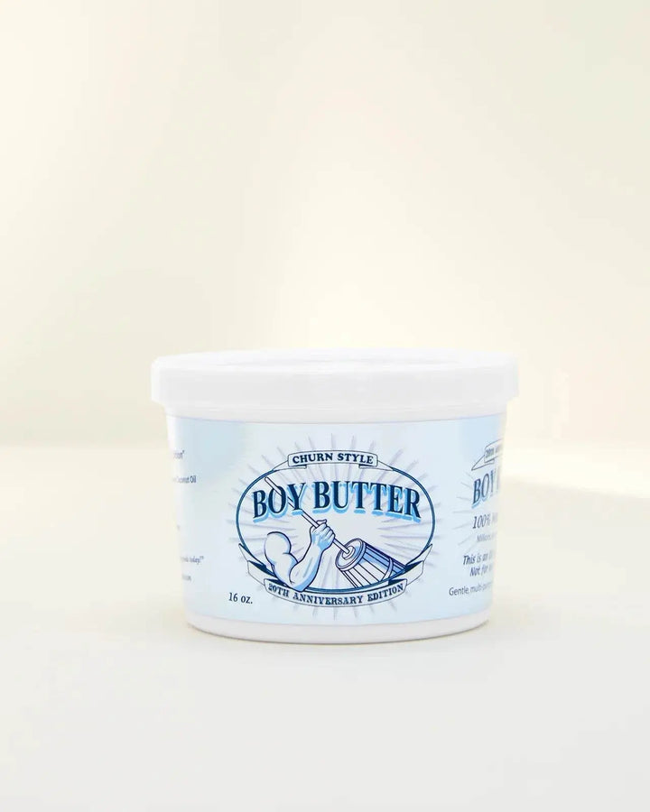 Boy Butter 20th Anniversary Platinum Edition 16 oz tub, front label, churn-style design