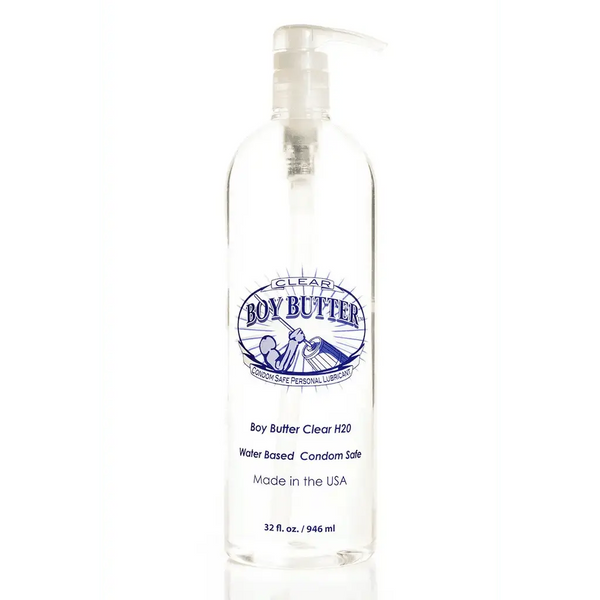 Boy Butter Clear H2O 32 oz pump bottle, water-based personal lubricant, made in USA