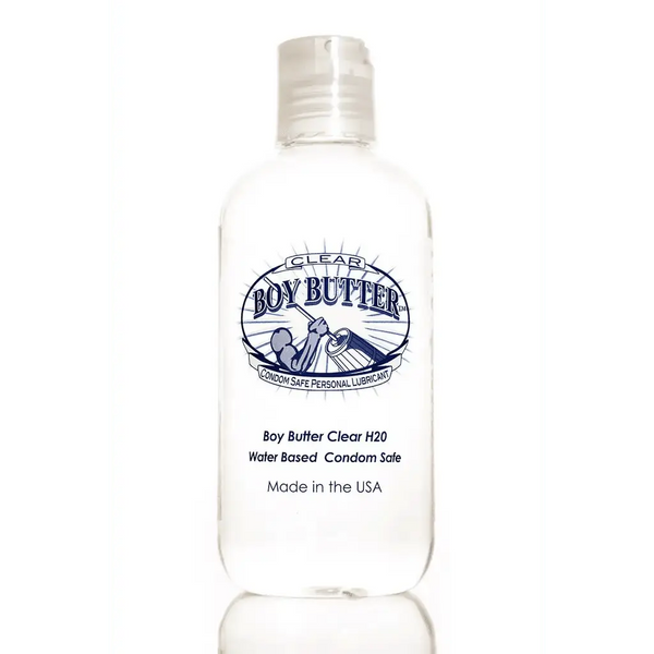Boy Butter Clear H2O personal lubricant in an 8 oz clear flip-top bottle, water-based formula