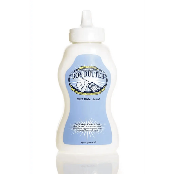 Boy Butter H2O Formula 9 oz squeeze bottle with flip-top cap, water-based personal lubricant