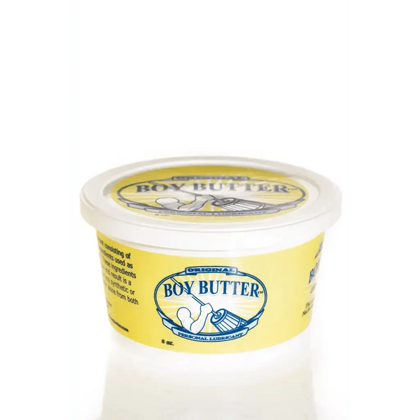 Boy Butter Original Formula 8 oz tub with yellow label, oil-based personal lubricant