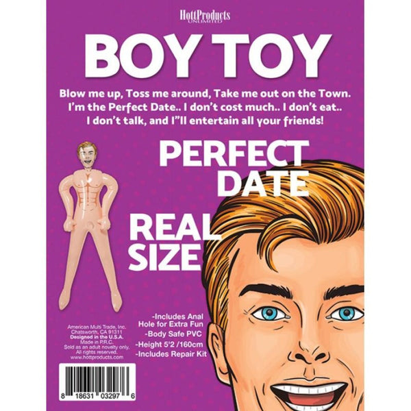 Boy Toy blow-up doll back packaging showing body-safe PVC material details and repair kit inclusion