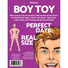 Boy Toy blow-up doll back packaging showing body-safe PVC material details and repair kit inclusion