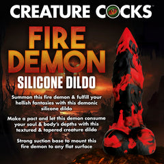 Brand info graphic for Creature Cocks Fire Demon Silicone Dildo with product description text