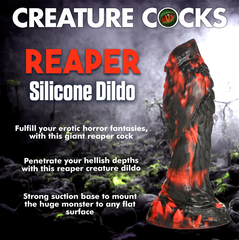 Branded info graphic naming the Creature Cocks Reaper Silicone Dildo with key feature bullet points