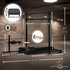 Breed Master dimensions diagram: 58.25 inch depth, 45 inch height, 45 inch width, 50 lb total weight shown
