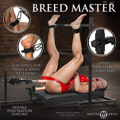 Breed Master stand featuring four D-ring ankle and wrist restraint points and easily adjustable steel frame bars