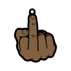 Brown middle finger shaped air freshener cutout with hanging loop, black outlined detail