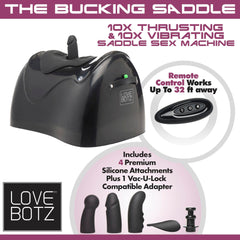 Bucking Saddle packaging flat lay showing machine, remote, and four silicone attachments