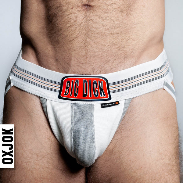 Oxballs BULGER jock in white snow colorway with bold red Big Dick waistband badge, front view
