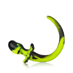 Close-up of Bulldog large anal plug base and tail texture detail in green black swirl