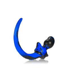 Close-up of Bulldog plug blue swirl body and ribbed base anchor with flexible tail detail