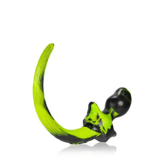 Bulldog puppy tail buttplug acid swirl colorway showing curved flexible tail, rear angle