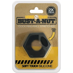 Bust-A-Nut packaging showing 2X stretch cock ring and ball stretcher in soft-touch silicone