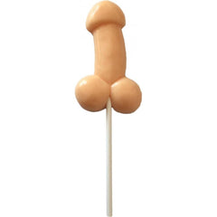 ButterBalls novelty lollipop removed from packaging, showing smooth butterscotch-colored candy on white stick