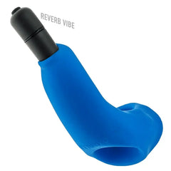 Buzzfuck blue silicone taint sling with black Reverb Vibe bullet inserted at top