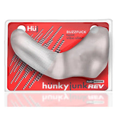 BUZZFUCK taint vibe-sling in clear ice color shown through front of red packaging