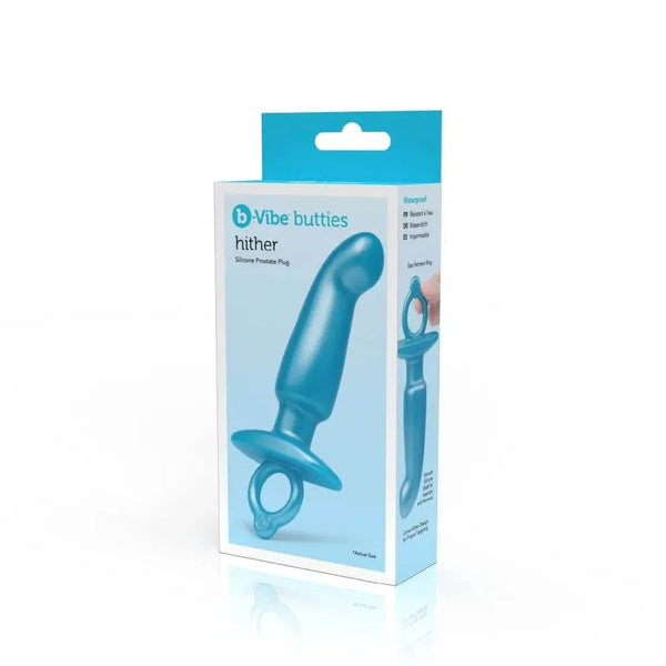 B-Vibe Hither silicone prostate plug in teal, shown in retail box with product imagery