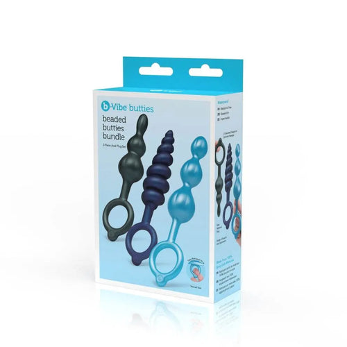 b-Vibe Butties Beaded Bundle box showing three silicone anal plugs in blue shades