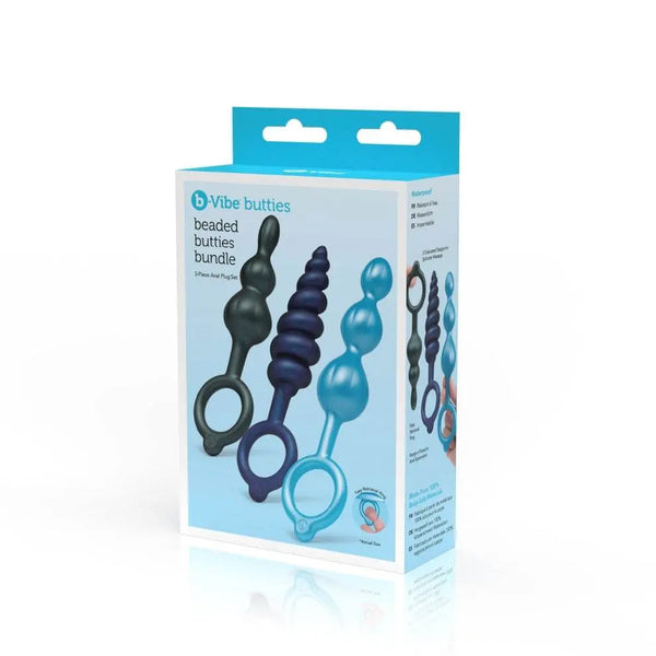 b-Vibe Butties Beaded Bundle box showing three silicone anal plugs in blue shades