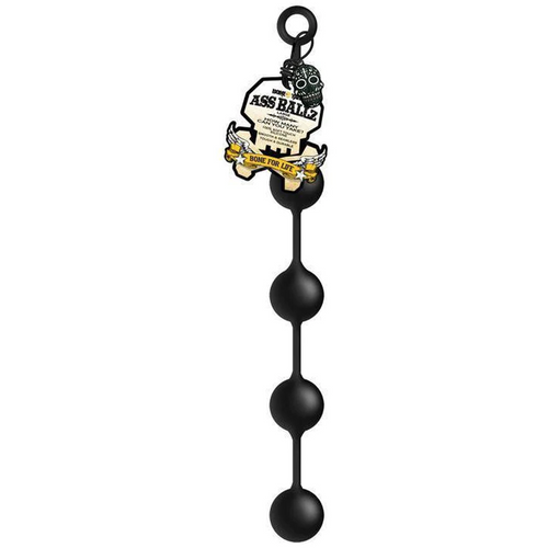 C1R Ass Ballz large silicone anal beads in black, shown full-length with retail tag attached