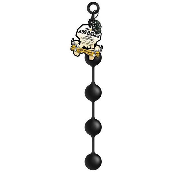 C1R Ass Ballz large silicone anal beads in black, shown full-length with retail tag attached