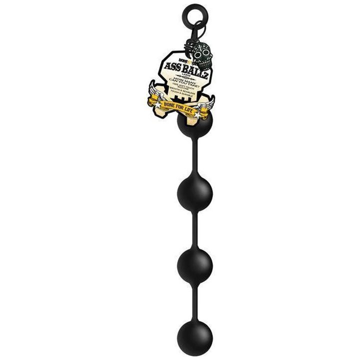 C1R Ass Ballz large silicone anal beads in black, shown full-length with retail tag attached