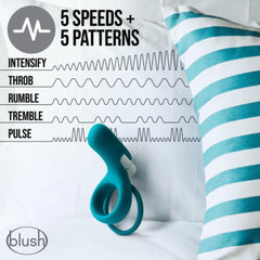 C2 Ring leaning on striped pillow with 5 speeds and 5 vibration pattern chart displayed