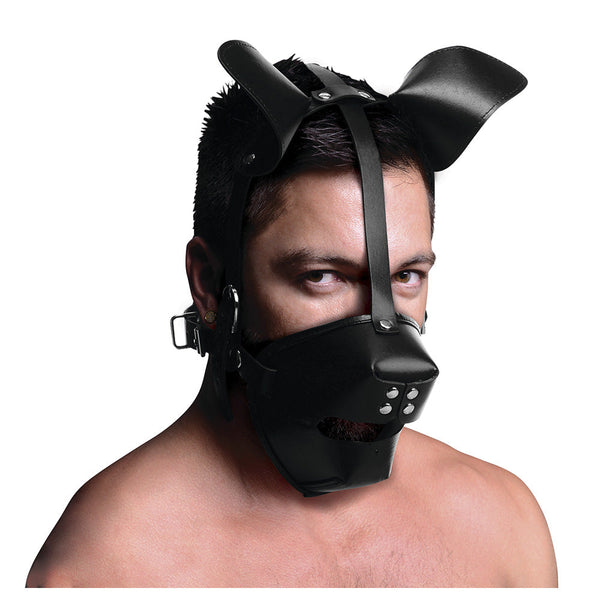 XR Puppy Play Hood with Removable Breathable Ball Gag – black PU leather pup muzzle with ears and adjustable straps