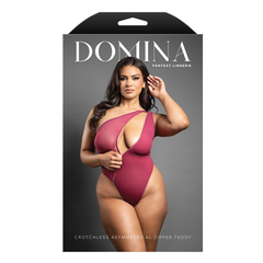 Crotchless one-shoulder mesh teddy with asymmetrical front zipper detail (Berry)