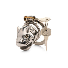 Close-up of Caged Cougar cougar-head cage with brass lock and branded steel keys attached