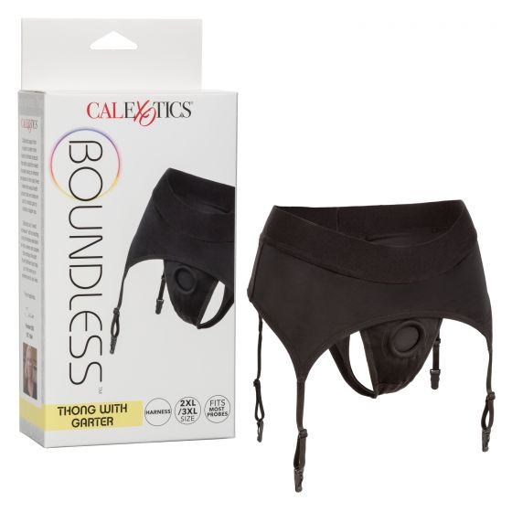 Calexotics Boundless Thong with Garter in black, 2XL/3XL, with O-ring harness and garter clips