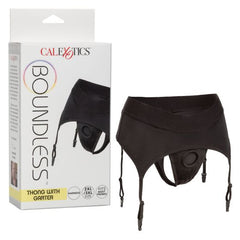 Calexotics Boundless Thong with Garter in black, 2XL/3XL, with O-ring harness and garter clips