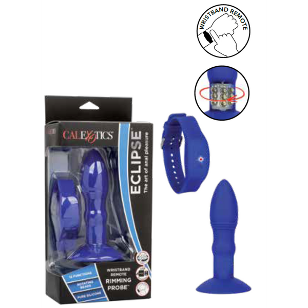 CalExotics Eclipse Rimming Probe with wristband remote, blue silicone, rotating beads
