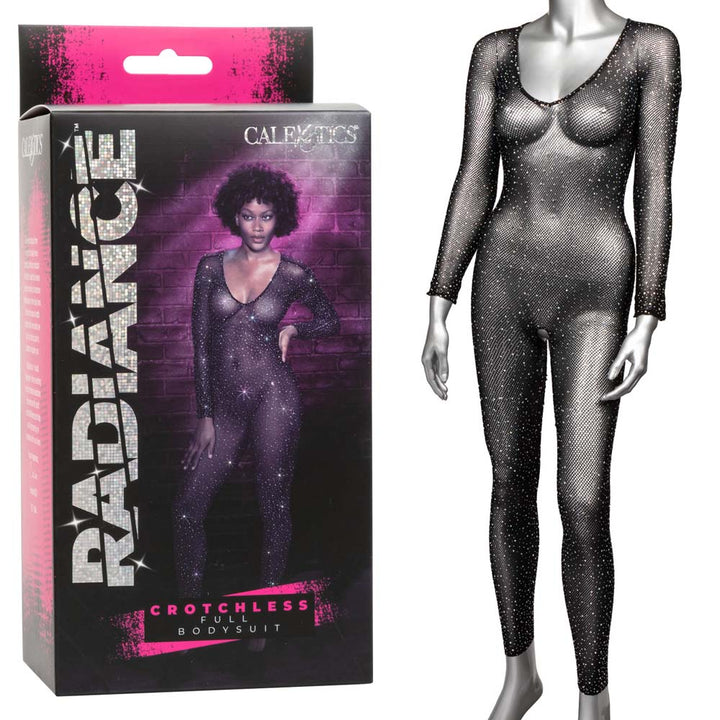 Calexotics Radiance Crotchless Full Body Suit in black rhinestone mesh beside its box