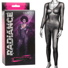 Calexotics Radiance Crotchless Full Body Suit in black rhinestone mesh beside its box