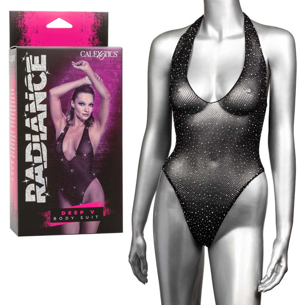 Calexotics Radiance Deep V Body Suit in black rhinestone mesh with halter neckline on mannequin