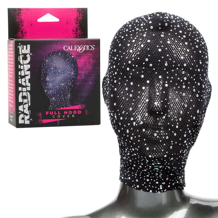 Calexotics Radiance Full Hood Cover in black rhinestone mesh displayed on mannequin with product box