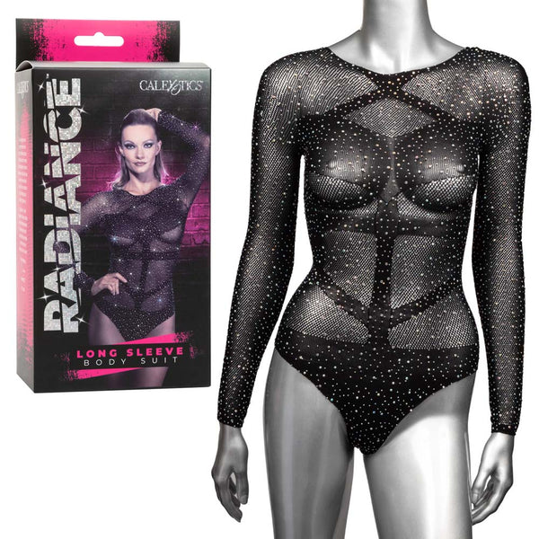 Calexotics Radiance Long Sleeve Body Suit in black rhinestone mesh on mannequin with product box