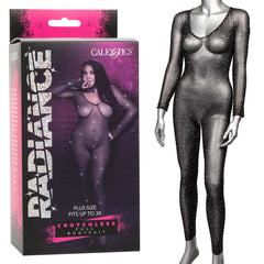 Calexotics Radiance plus-size crotchless full bodysuit in black rhinestone mesh with packaging